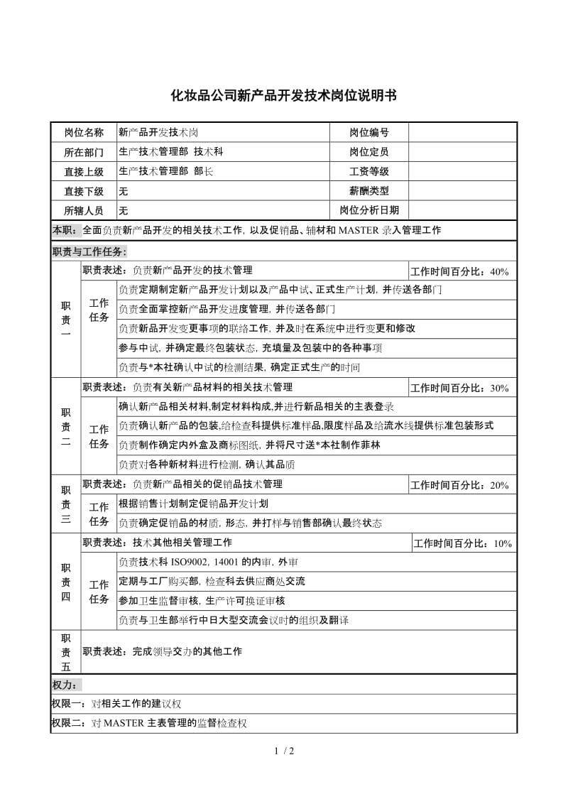 化妝品公司新產(chǎn)品開(kāi)發(fā)技術(shù)崗位說(shuō)明書(shū)